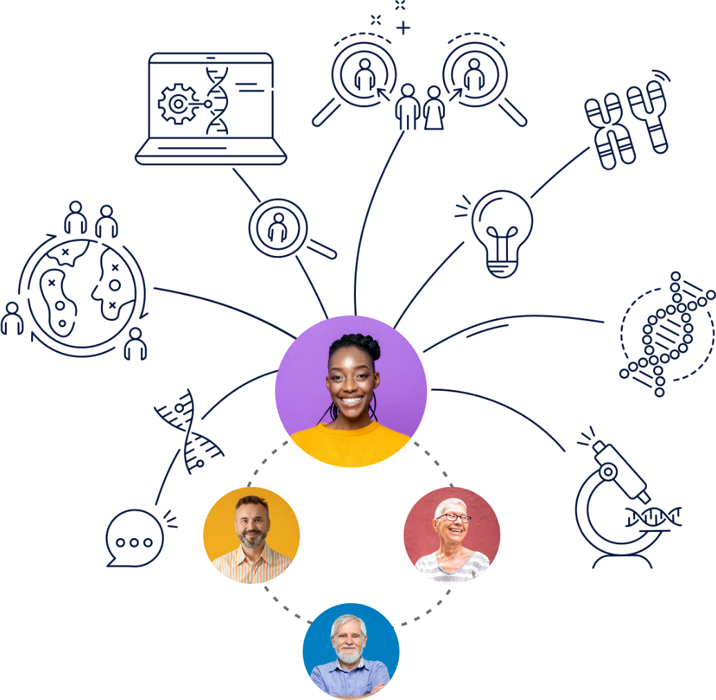 Infographic showcasing a central young African woman connected to three diverse individuals representing collaboration