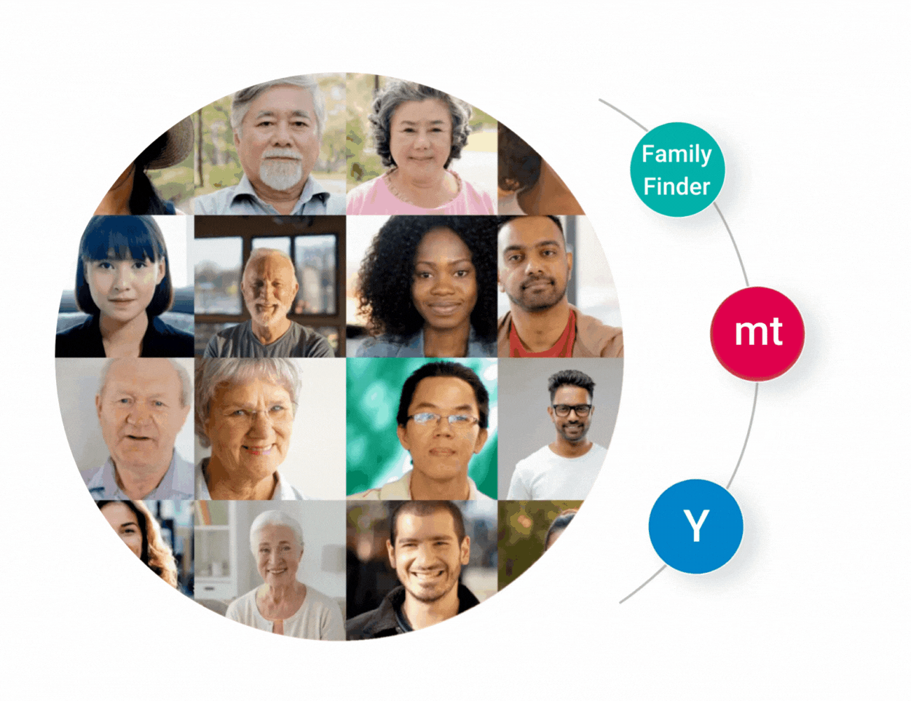 collage of faces connected to nodes labeled "Family Finder", "mt" and "Y"