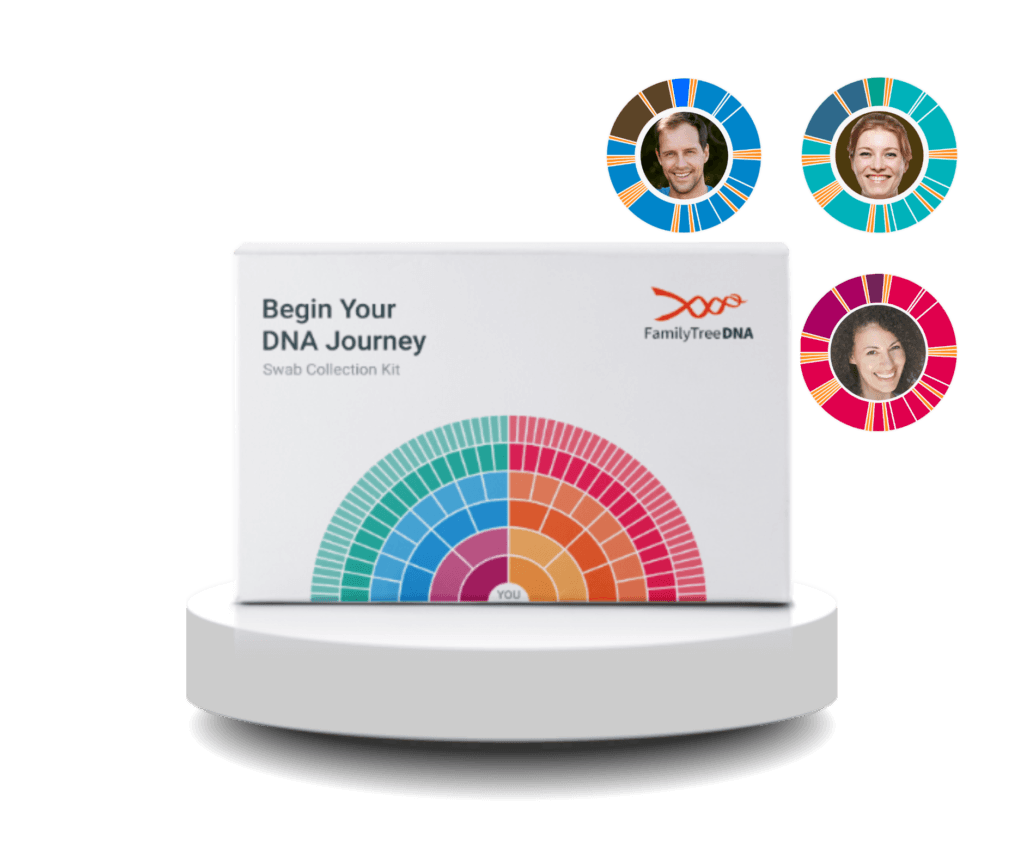 FamilyTreeDNA test kit with faces floating around the box